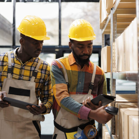 African american storehouse operators checking orders in tablet and scanning parcels. Ecommerce retail warehouse package handlers all black team managing goods storage and using barcode scanner